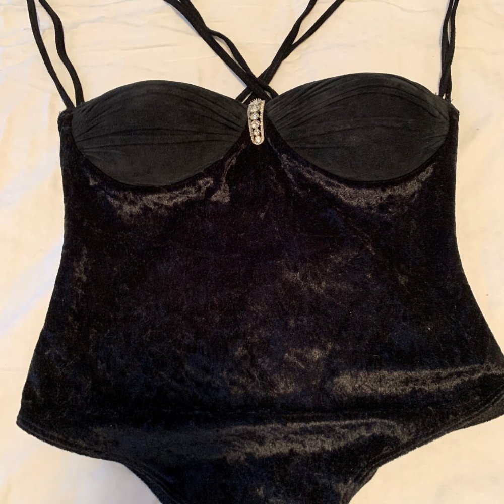 Brazen Black Velvet & Seude Rhinestone Body Suit